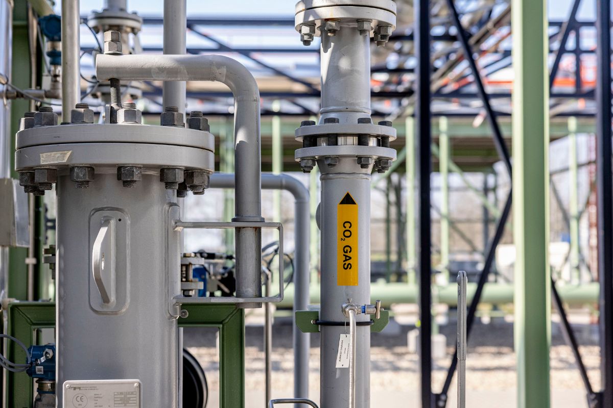 CO₂ pipes at an industrial carbon capture facility.